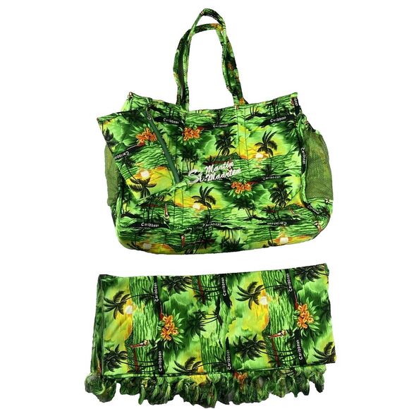 2pc Martin St. Maarten Caribbean Green Tropical Print‎ Beach Bag & Travel Pouch - Picture 7 of 12